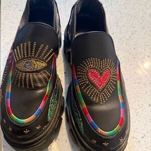 FARM Rio Black Embroidered Heart & Eye Loafers with Rainbow Trim
